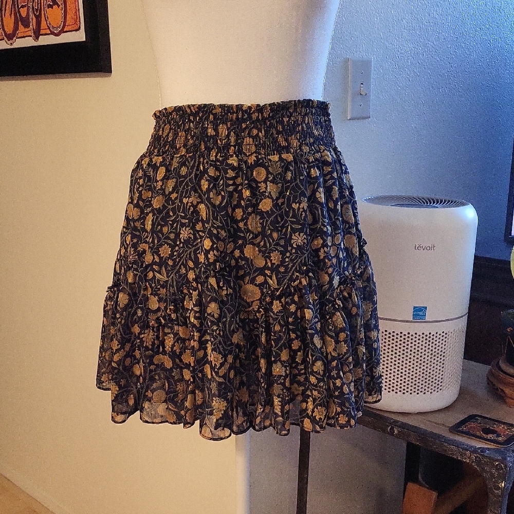 Em & Tess Black Orange & Green Flowy Mini Skirt Stretchy Waist Lined Sheer NWT